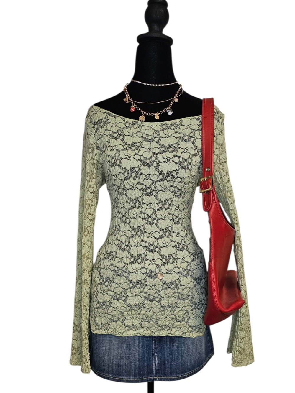 Vintage Twenty One Sage Green Floral Lace Boat Neck Top - Y2K Coquette